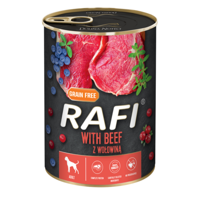 RAFI kutya pástétom marha, vörös- és kék áfonyával konzerv 400g