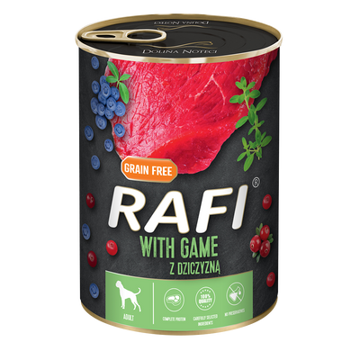 RAFI kutya pástétom vad, vörös- és kék áfonyával konzerv 400g