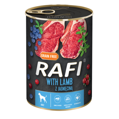 RAFI kutya pástétom bárány, vörös- és kék áfonyával konzerv 400g