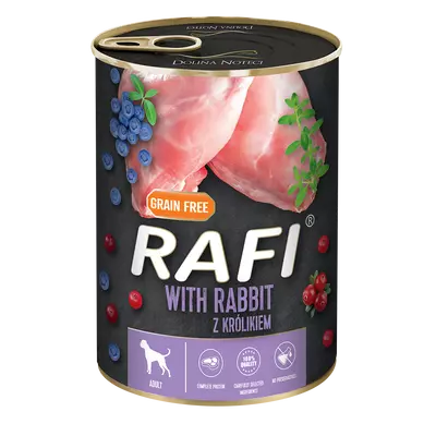 RAFI kutya pástétom nyúl, vörös- és kék áfonyával konzerv 400g