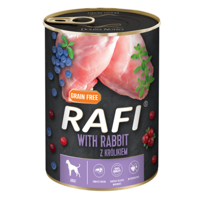RAFI kutya pástétom nyúl, vörös- és kék áfonyával konzerv 400g